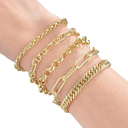 Photo 1 of 14K Gold Bracelets for Women Stack Cuff Bracelet Set for Women,Gold Link Chain Bracelets Jewelry for Women Teen Girls, Trendy Gold Plated Womens Bracelet
