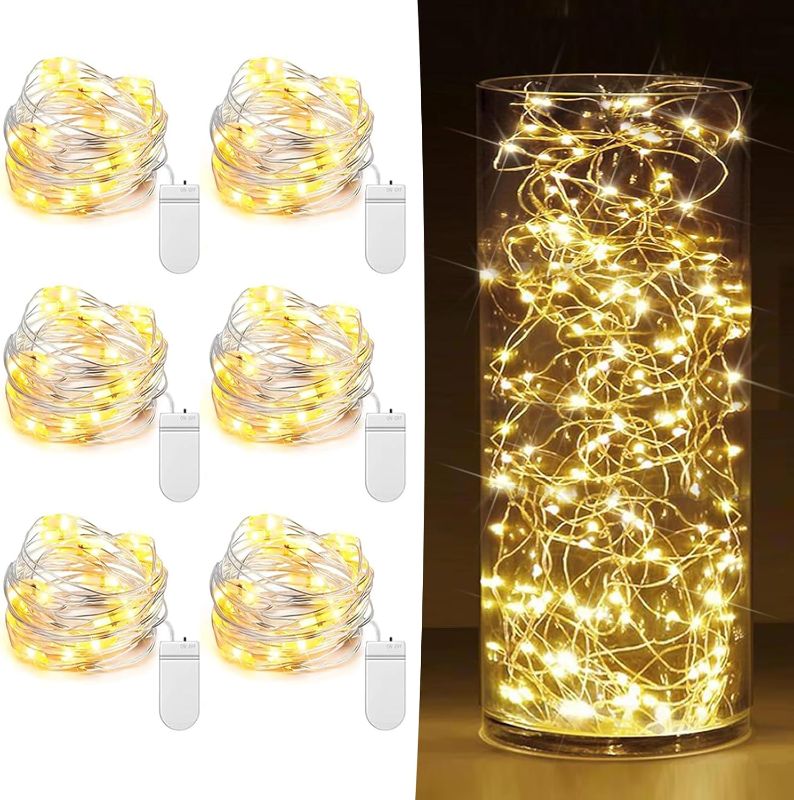Photo 1 of 6 Pack Fairy Lights Battery Operated 7ft 20 LED Mini String Lights Twinkle Lights Silver Wire Firefly Starry Lights for Mason Jars Wedding Party Christmas Centerpiece Table Decorations, Warm White
