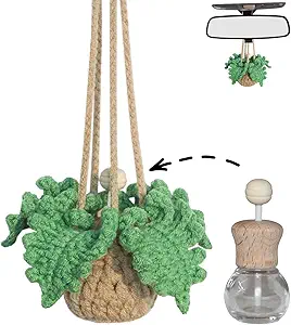 Photo 1 of Handmade Crochet Car Air Freshener - Adorable Bendable Fern Plant with 8ml Empty Refillable Oil Diffuser Bottle, Suitable for Car Rearview Mirror Hanging, Home & Office Decor
