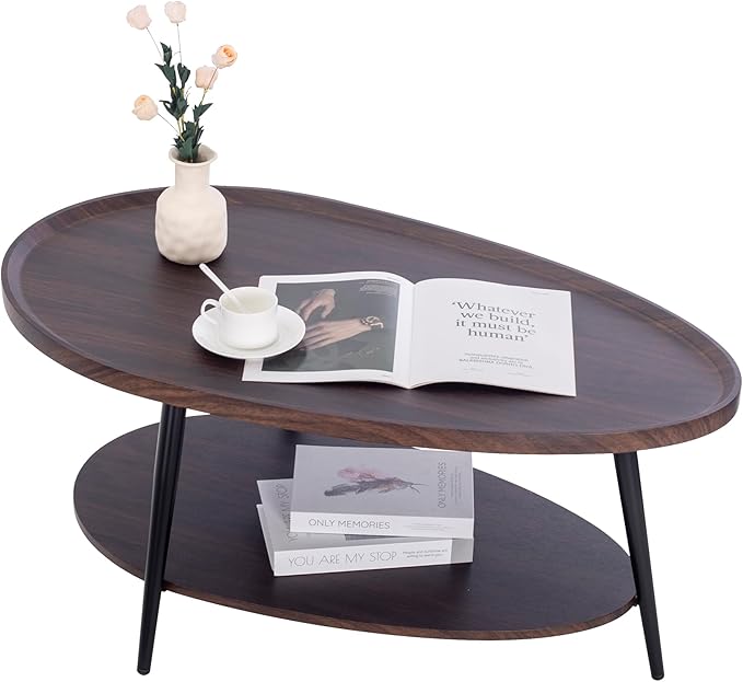 Photo 1 of Oval Coffee Table, 2-Tier Coffee Table with Open Storage Shelf, 40" Modern Wood Center Table Tea Table for Living Room, Bedroom, Apartment, Dark Walnut