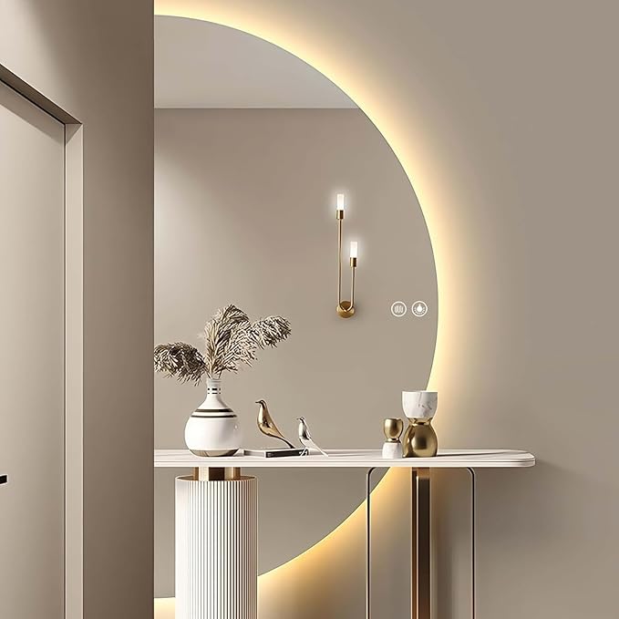 Photo 1 of IYTBILQ 48"× 24" Half Moon LED Mirror for Bathroom, Lighted LED Vanity Mirror with Backlit, Anti-Fog,Dimmable 3-Color Lights, Frameless Irregular Smart Mirror- READ CLERK NOTES!