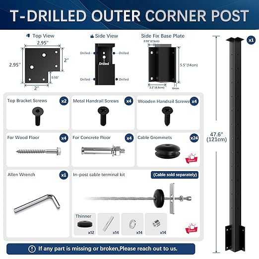 Photo 1 of Gyykzz Cable Railing---Side Mount Inner Corner Post 42" (Post Body 47.6"), Fixed Top Three Side Drilled Corner Post Cable Railing, Black Stainless Steel 304 Fascia Mount Metal Post with Inner Terminal & Cable Grommet
