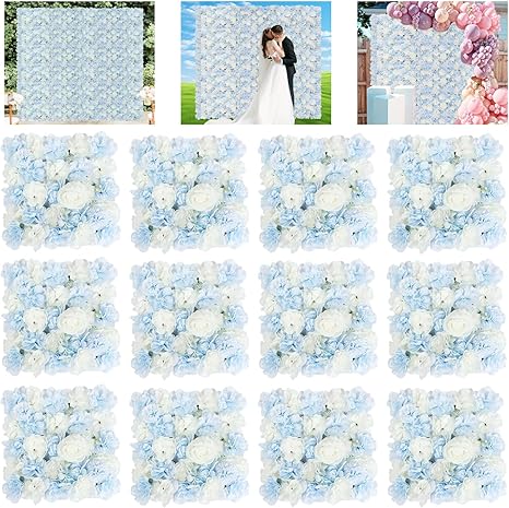 Photo 1 of  3D Flower Wall Backdrop 12 Packs 15x15 Inch Blue Artificial Flower Wall Decor Flower Panels Floral Backdrop for Anniversary Bridal Baby Shower Party Rose Wedding Photo Background