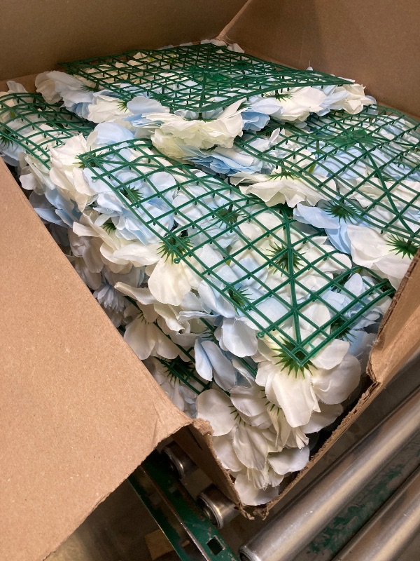 Photo 1 of  3D Flower Wall Backdrop 12 Packs 15x15 Inch Blue Artificial Flower Wall Decor Flower Panels Floral Backdrop for Anniversary Bridal Baby Shower Party Rose Wedding Photo Background
