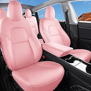 Photo 1 of Tesla Model Y Car Seat Covers Nappa Leather Car Interior Seat Airbag Compatible Cushion Cover Full Set Custom Fit 2024 2023 2022 2021 2020, Nappa Pink