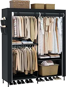 Photo 1 of Clothes Rack, Portable Closet, 54.7 Inch Large Capacity Wardrobe Closet with Cover, Clothes Storage Organizer with Shelves and 3 Hanging Rods, Easy to Assembly, Black PCT122B01