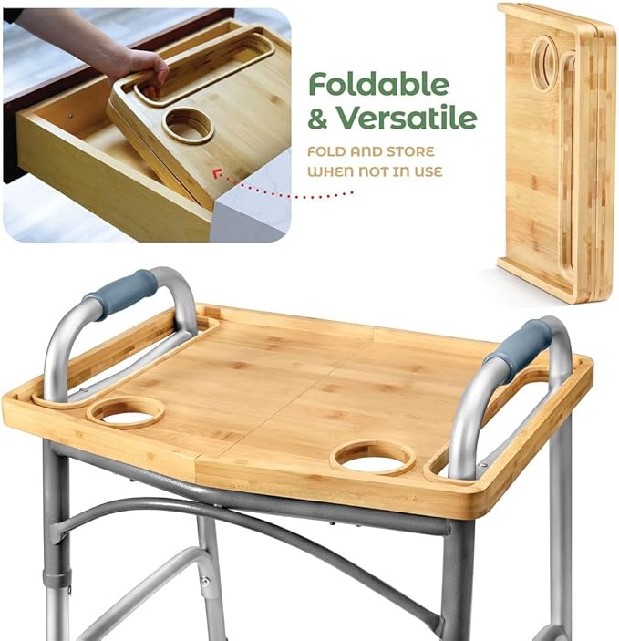 Photo 1 of Walker Tray Table with Cup Holder - Multipurpose Bamboo Tray for Seniors, Crafts, Laptops - Walker Accessories (Bamboo Wood -Foldable-A)