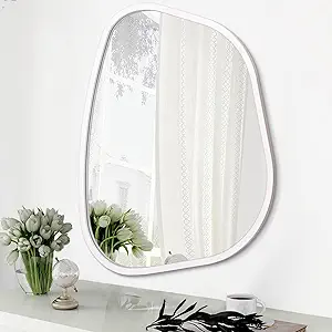 Photo 1 of Irregular Oval Wall Mirror Large White 20"x16" Inches Asymmetrical Mirror Modern Wood Frame Unique Shape Wall Mounted Vanity Artistic Mirror Decor for Living Room Bedroom Bathroom Entryway