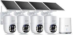 Photo 1 of SOLIOM- 5MP Security Cameras Wireless Outdoor, No Subscription,4-Cam Pack, Solar Powered Home Security Camera with 360° Auto Tracking, Pan & Tilt, 3K Color Night Vision,5G & 2.4G Router Compatible