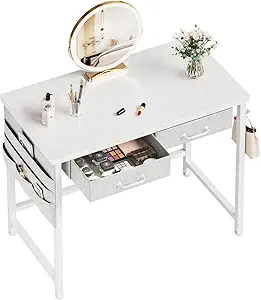 Photo 1 of ??????? Maihail Small Desk with Drawers, 31.5 inch Computer Desk with Drawers, Writing Table for Small Spaces, Office Table with Metal Frame, White
