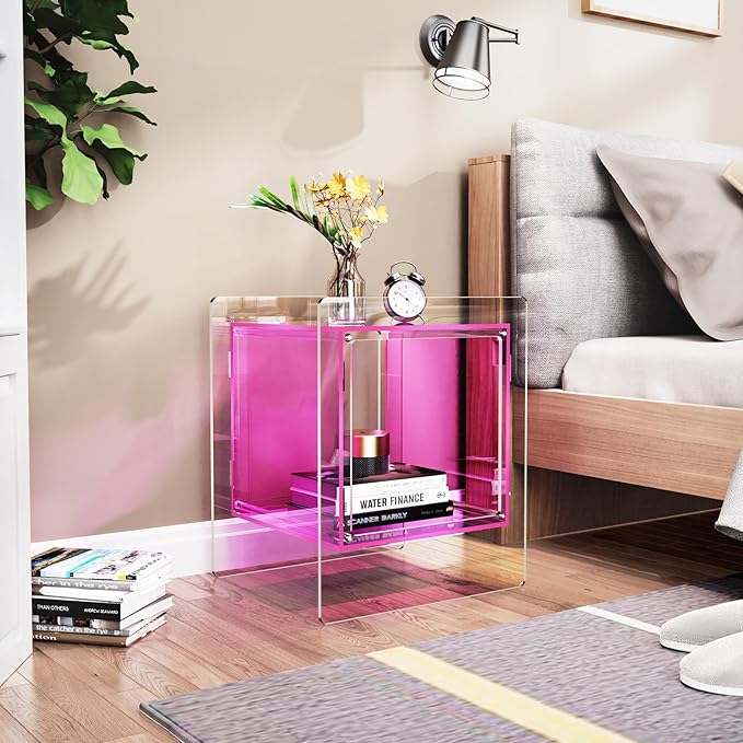 Photo 1 of Acrylic Nightstand Colorful Bedside Table with Open Storage Shelf,Clear Side Table for Living Room (1, Pink)****factory sealed