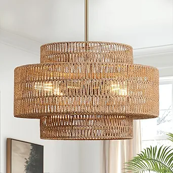 Photo 1 of 4-Light Boho Rattan Chandelier Light Fixture, 17.7” Hand Woven Rustic Chandeliers Farmhouse Chandelier Hanging Light for Dining Room Kitchen Island, Living Room, Foyer