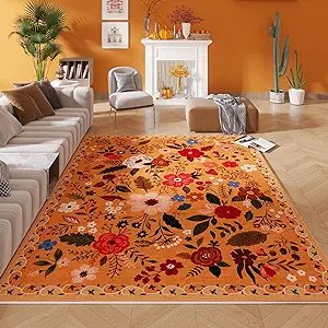 Photo 1 of Living Room Rug 6x9 Rug Machine Washable Boho Area Rug Non Slip Floral Vintage Low Pile Large Rug for Living Room, Bedroom, Farmhouse, Dining Room, Kids Playroom(Yellow)