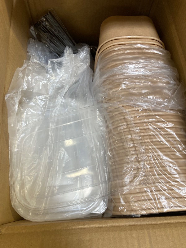 Photo 1 of 50-Pack 29oz Disposable Kraft Paper Bowls?with Lids and Forks?, Meal Prep Containers Disposable Large Paper Bowls, Leakproof Deli Food Containers Treat Serving Bowls, Microwave Safe for Hot/Cold Food