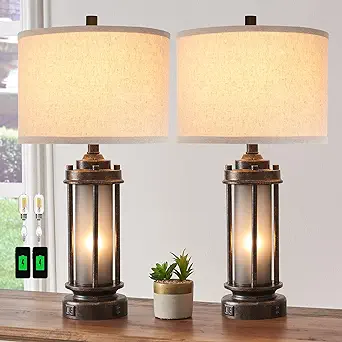 Photo 1 of Set of 2 Farmhouse Lamps for Living Room, Rustic Vintage Bedroom Nightstand Table Lamp with 2 USB Charging Ports, Built-In Frosted Glass Night Light for End Table Entryway, 4 Bulbs Included (Bronze)
