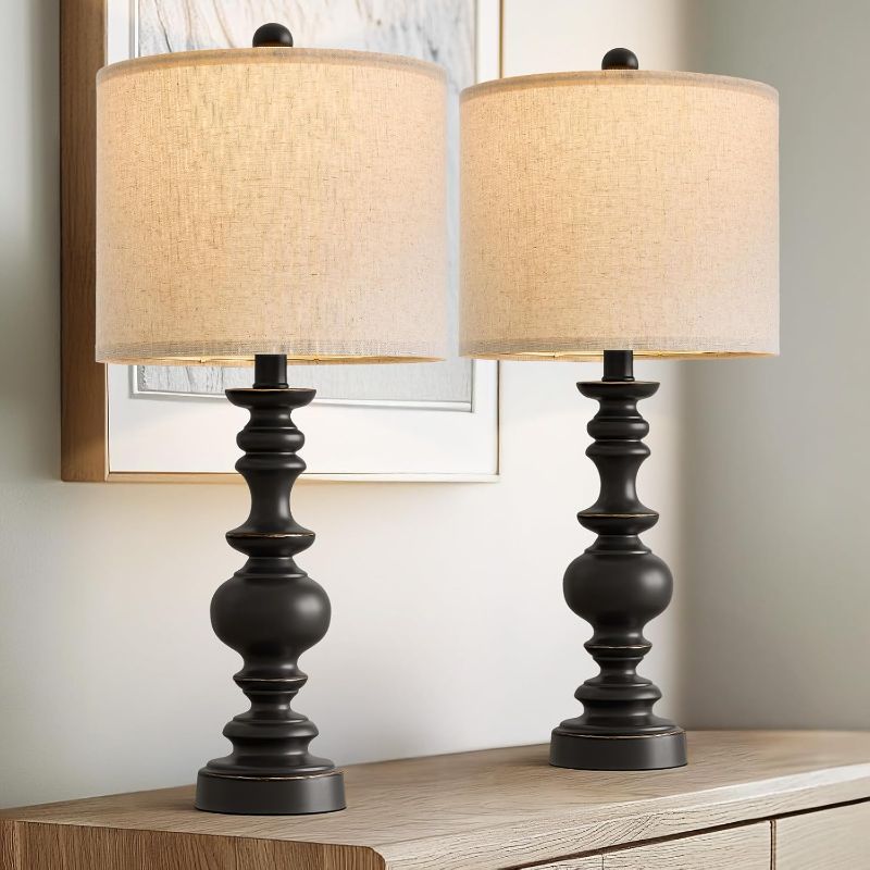 Photo 1 of 24" Traditional Farmhouse Table Lamp Set of 2, Vintage Resin Lamps for Living Room Bedroom, Rustic Nightstand Lamp with Linen Shades, Retro Black Table Lamps for Living Room, Bedroom, Office- READ CLERK NOTES 