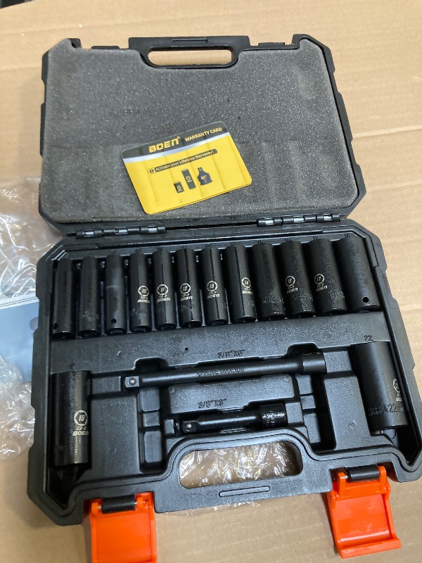 Photo 1 of BOEN 3/8" Drive Deep Impact Socket Set, 16 Piece Metric Socket Set 7 to 22mm, Includes 3", 6" Extension Bars, 6 Point Design, Cr-V Steel, Heavy Duty Storage Case