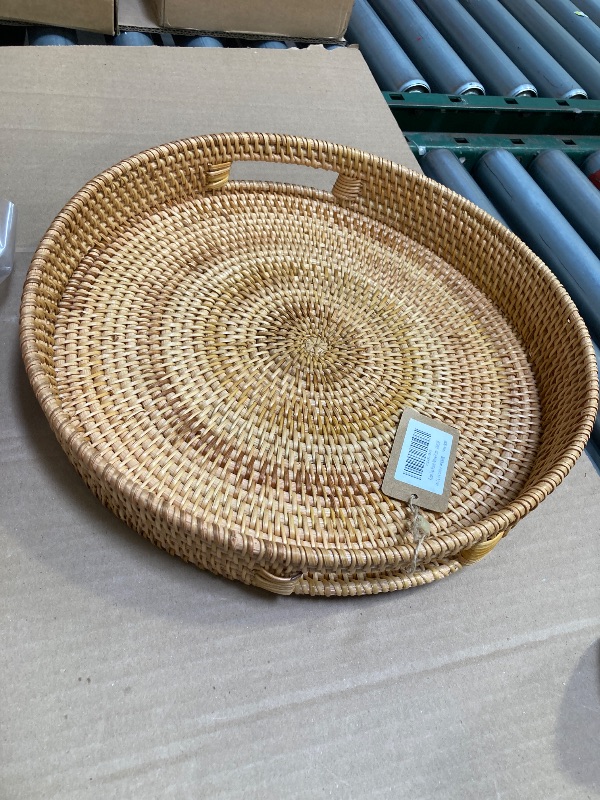 Photo 1 of 14.2" Round Rattan Tray, Hand Woven Serving Tray with Handles, Wicker Serving Basket, Decorative Tray for Home Decor, Natural