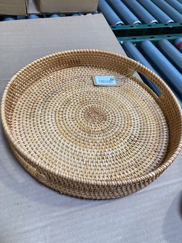 Photo 1 of 14.2" Round Rattan Tray, Hand Woven Serving Tray with Handles, Wicker Serving Basket, Decorative Tray for Home Decor, Natural