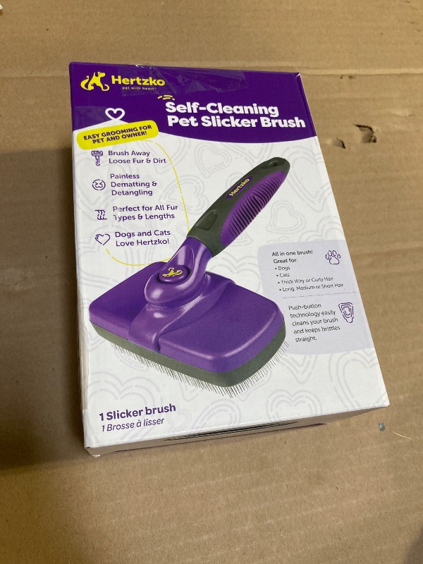 Photo 1 of Hertzko Self Cleaning Slicker Brush for Dogs and Cats - Pet Hair Brush for Shedding Long and Short Hair - Easy Clean Retractable Bristles - Cat and Dog Grooming Tool - Purple