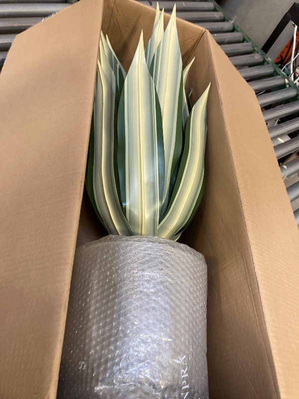 Photo 1 of SUNPRAIRIE Life-Like Extra Large 34 Inch Tall Artificial Agave Plant. Cream Leaves with Textured Dark Green Stripes. UV Resistant Faux Plants. Outdoor and Indoor Large Artificial Plants.