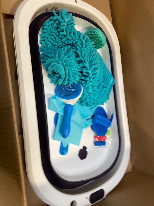 Photo 1 of  Dog Washing Dog Bathing Kit - Include Collapsible Pet Bathtub with Water Drain Plug,Cleaning Slicker Brush,Dog Shampoo Brush,Grooming Brush,Drying Towel,Tooth Brush and Dog Washing Glovves 