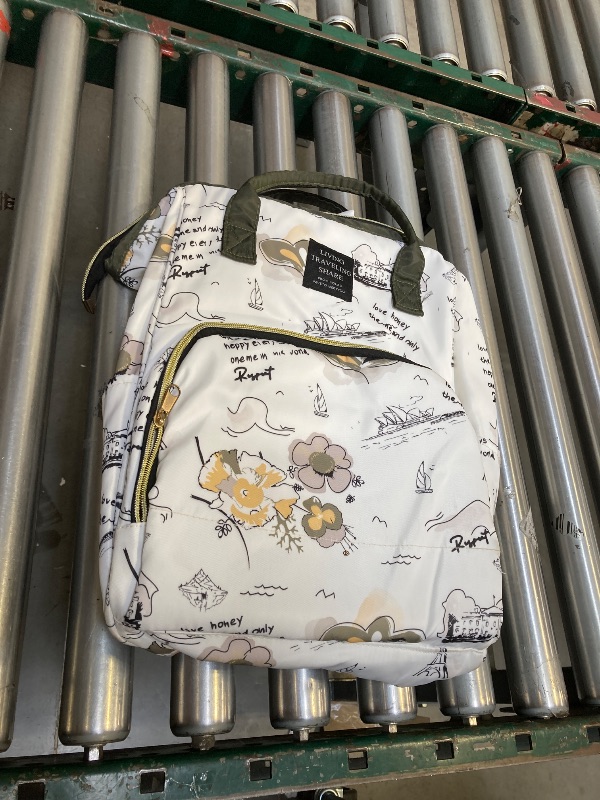 Photo 1 of  Stylish Print Diaper Bag Backpack with Insulated Pockets Side Paper Pocket Mama Baby Travel Bag (White Green) 
