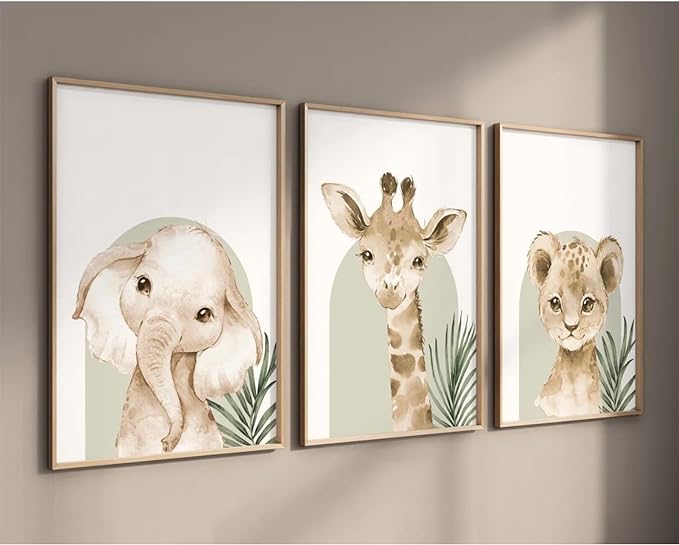 Photo 1 of Animal Wall Art Pictures Baby Nursery Canvas Wall Art Decor Safari Animal Prints Jungle Kids Wall Art Woodland Nursery Wall Decor Giraffe Jungle Poster for Room 16x24 Inch Framed Set of 3