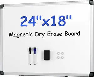 Photo 1 of VUSIGN Magnetic White Board Kit for Wall 24" x 18", 1 Dry Eraser & 2 Multicolor Markers & 4 Magnetic Pins, Sliver Reinforced Aluminum Frame for Home, School, Office