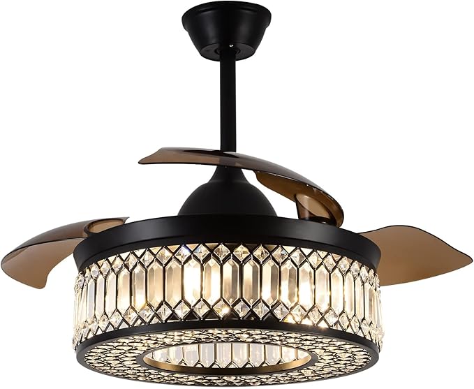 Photo 1 of 42 Inch Retractable Ceiling Fans with Lights and Remote, Modern Industrial Black Fandelier with 3 Retractable ABS Blades, Invisible Crystal Chandelier Fan for Bedroom Living Room Dining Room (Crystal)