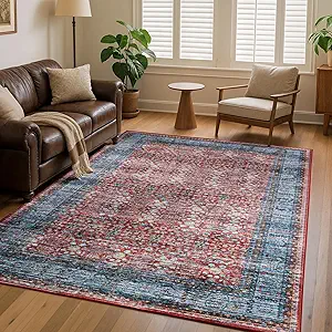 Photo 1 of 8x10 Vintage Area Rug for Living Room Bedroom, Large Washable Non Slip Indoor Rug, Thin Throw Floral Floor Low Pile Distressed Carpet for Office Nursery Dining Room Red/Blue