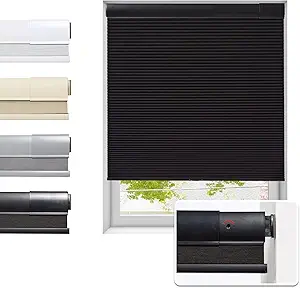 Photo 1 of No Drill Cellular Shades for Indoor Windows, Thermal Insulating & Noise Reducing Honeycomb Blinds, Free Stop Cordless Blackout Shades, Black, 28 1/2" W x 64" H