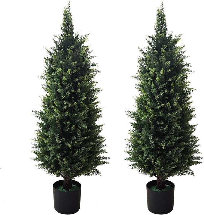 Photo 1 of 2 Pack 37 Inch Artificial Cedar Topiary Trees for Outdoor Front Porch Décor - UV Rated Fake Plants for Indoor and Outdoor Use, Potted Shrubs for Front Door, Office