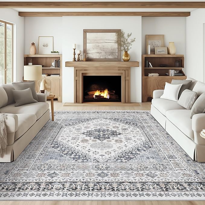 Photo 1 of 9x12 Area Rug,Ultra-Thin Washable Rugs for Living Room,Non-Slip Lightweight Foldable Area Rug,Stain Resistant Vintage Large Rugs (Grey/Beige,9'x12')
