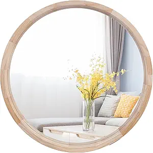 Photo 1 of CONGUILIAO Round Mirror, 30 Inches Wood Mirror, Wall Decorative Circle, Nature Big Bathroom Large Vanity Farmhouse for Living Room Bedroom Entryway