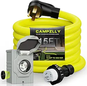 Photo 1 of Campzilly 50 Amp Generator Cord 15FT and Power Inlet Box, NEMA 14-50P Male to SS2-50R 125/250V Twist Lock Connector with Pre-Drilled NEMA SS2-50P Generator Inlet Box for Generator to House, ETL Listed
