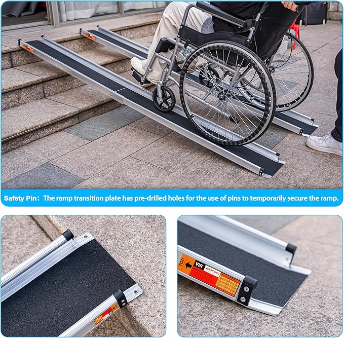 Photo 1 of Adjustable Wheelchair Ramp, 4-7 FT Portable Wheelchair Ramp for Home Step, Door Threshold Wheelchair Ramps for Home, Non-Slip Aluminum Scooter Ramp for Car, Doorways, Curbs, Stairs
