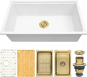 Photo 1 of White Undermount Kitchen Sink 28 X 18 inch,Granite Composite Kitchen Sink Undermount/Drop In,Large Single Bowl Workstation Kitchen Sinks (White, 28" X 18")