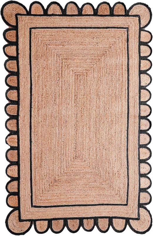Photo 1 of Shiv Shakti Exports Scallop Jute Rug - Natural, Boho Decor, Area & Runner Sizes, Custom (Black 5x7