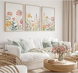 Photo 1 of Watercolor Wildflower Wall Art Decor Colorful Flower Pictures Canvas Floral Botanical Wall Art Vintage Prints Poster Floral Painting Artwork for Living Room Bedroom 24x36 Inch Unframed Set of 3