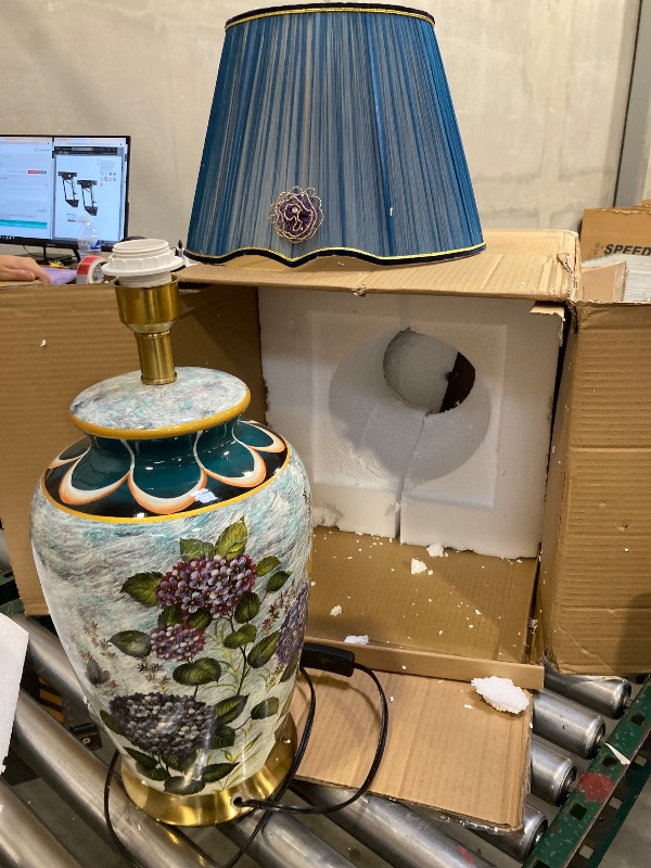 Photo 1 of America Ceramic Table Lamp Blue Ginger Jar Lamps Chinoiserie Hand-Painted Floral Lamp Shade Bedside Desk Nightstand Lamp for Bedroom Living Room Office College Bookcase