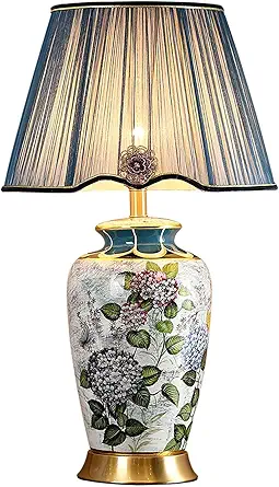 Photo 1 of America Ceramic Table Lamp Blue Ginger Jar Lamps Chinoiserie Hand-Painted Floral Lamp Shade Bedside Desk Nightstand Lamp for Bedroom Living Room Office College Bookcase