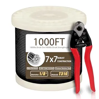 Photo 1 of 1000FT 1/8" Black Stainless Steel Cable Kit for Deck Railing, Premium T316, 7x7 Strands, 1/8" Wire Rope with Cutter, DIY Balustrades