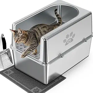 Photo 1 of Enclosed Stainless Steel Cat Litter Box with Lid, XL Metal Litter Box for Big Cats, Extra Large Cat Toilet with High Side, Non-Stick, Anti-Leakage, Odorless, with Cats Litter Mat & Litter Scoop