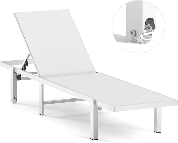 Photo 1 of Aluminum Chaise Lounge Chair Outdoor with Wheels, Patio Lounge Chair with Adjustable 5-Position Recliner and Full Flat Tanning Chair for Patio, Beach, Pool, White