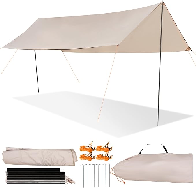 Photo 1 of Camping Tarp with Poles, 10 x 16.4 ft Large Camping Awning, Waterproof Tent Tarp, Picnic, Beach, Outdoor Activities, Hammock, Garden, Car