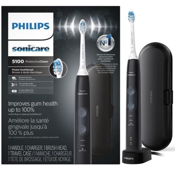 Photo 1 of Philips Sonicare ProtectiveClean 5100 Rechargeable Electric Toothbrush, with Pressure Sensor, 3 Cleaning Modes, SmarTimer and QuadPacer, 14-Day Battery Life, Travel Case, Black, Model HX6850/60
