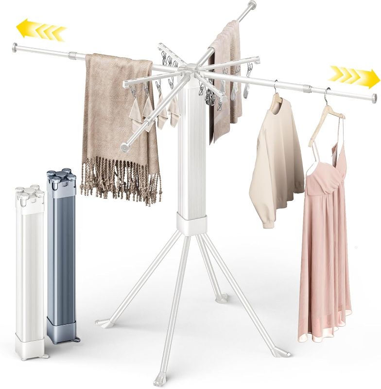 Photo 1 of BIREN Clothes Drying Rack Foldable Extending Laundry Rack with 16 Clips Collapsible Clothing Rack Space-Saving Clothing Racks for Hanging Clothes, Indoor, Camping, Balcony, Outdoor

