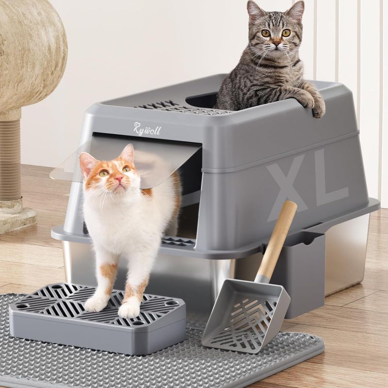 Photo 1 of Rywell Stainless Steel Litter Box, Covered XL Extra Large Cat Litter Box Enclosure, Metal Kitty Litter Boxes with Lid, Litter Scoop, Filter Pedal and Litter Mat, Anti-Leakage, Non-Stick, Easy to Clean