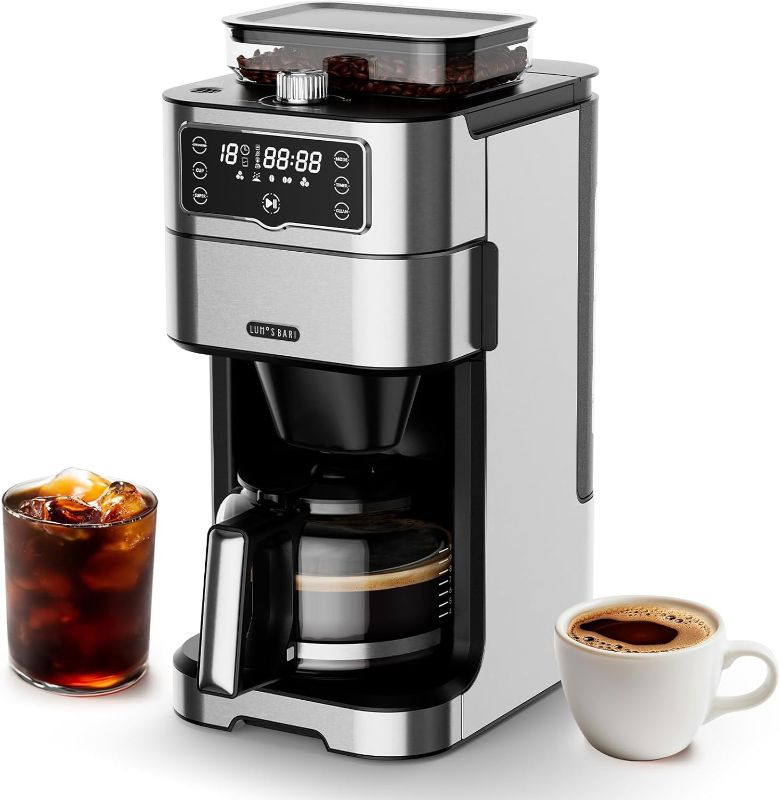 Photo 1 of Drip Coffee Maker with Built-in Grinder, 10-Cup Coffee Machine with 24-Hour Delay Timer, Touch Screen, Self-Cleaning, Reusable Filter, 1.5L Removable Water Tank, Warming Plate, Silver
